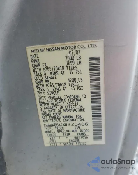 2008 Nissan Titan Xe из США, поврежденный, VIN 1N6BA06A28N320406